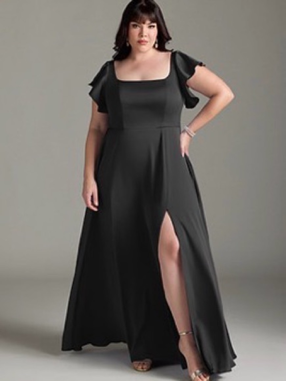 Azazie Black Square-Neck Maxi Gown with Flutter Sleeves and Side Slit